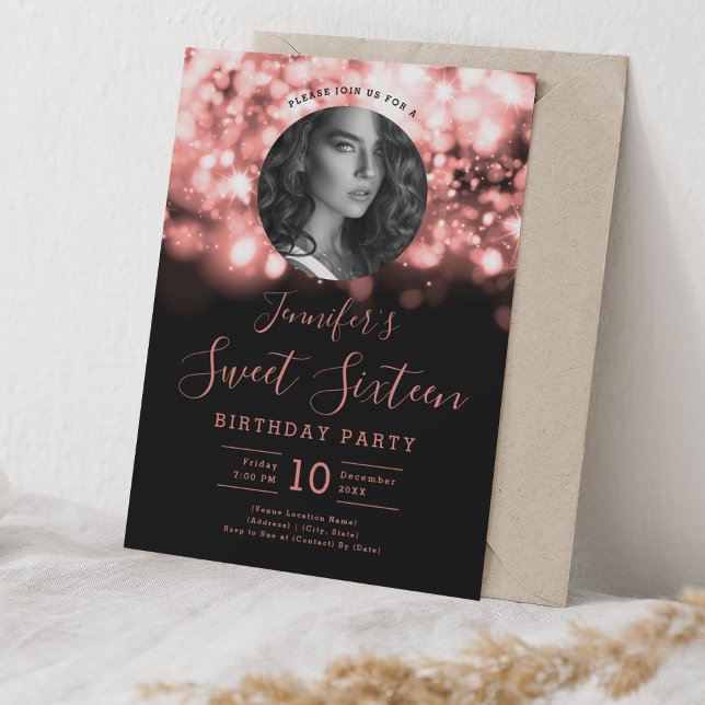 Convites PHOTO Rosa Dourado Hollywood Lights Sweet 16 Party (PHOTO Rose Gold Hollywood Lights Sweet 16 Party Invitation)