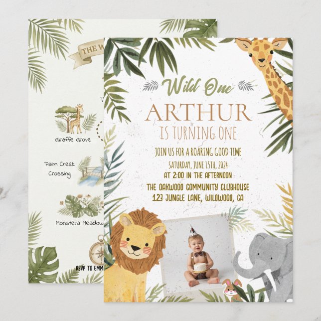 Convites Photo Safari Wild One 1st Birthday Invite (Frente/Verso)