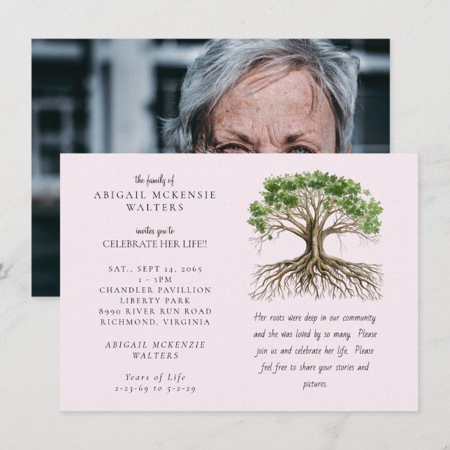 Convites Photo Tree Deep Roots Pink Celebration of LIfe (Frente/Verso)