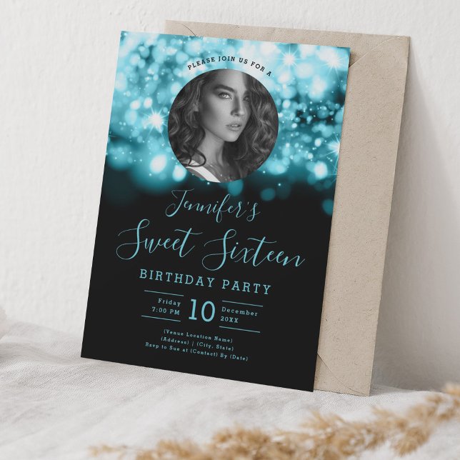 Convites PHOTO Turquoise Hollywood Lights Sweet 16 Party (PHOTO Turquoise Hollywood Lights Sweet 16 Party Invitation)