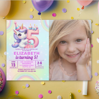 Convites Photo Unicorn 5th Birthday – Rainbow Girl party