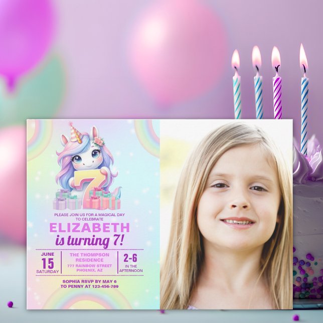 Convites Photo Unicorn 7th Birthday – Rainbow Girl  (Criador carregado)