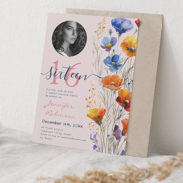Convites PHOTO Watercolor Flores Selvagens Sweet 16 Blush (PHOTO Watercolor Wildflowers Sweet 16 Blush Invitation)