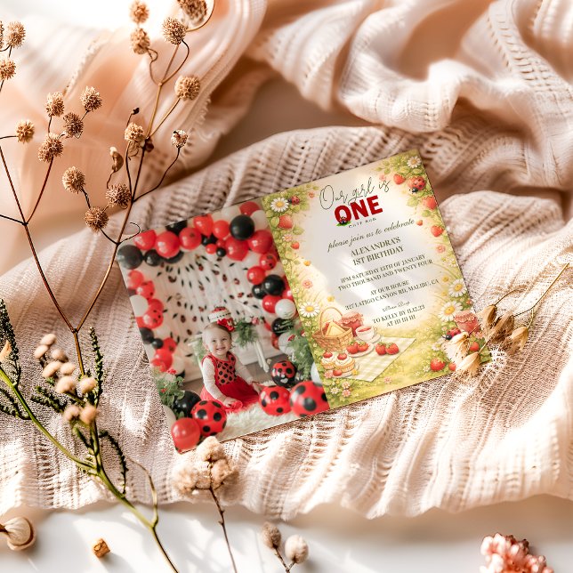 Convites Photo Whimsical Meadow Lady Bug 1st Birthday (Criador carregado)