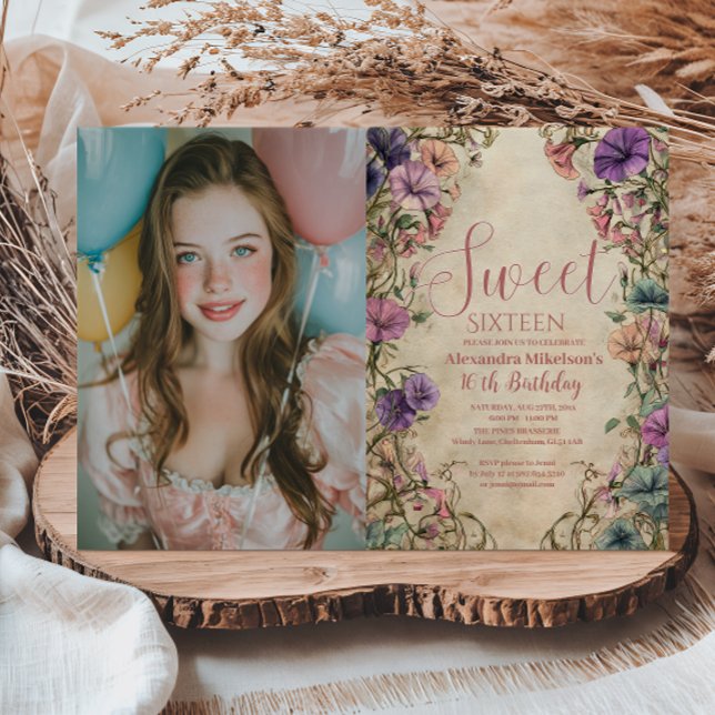 Convites Photo Whimsical Pastel Wildflower Sweet 16 (Criador carregado)