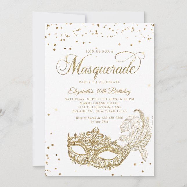 Convites Photo White Gold Glitter Masquerade Birthday (Frente)