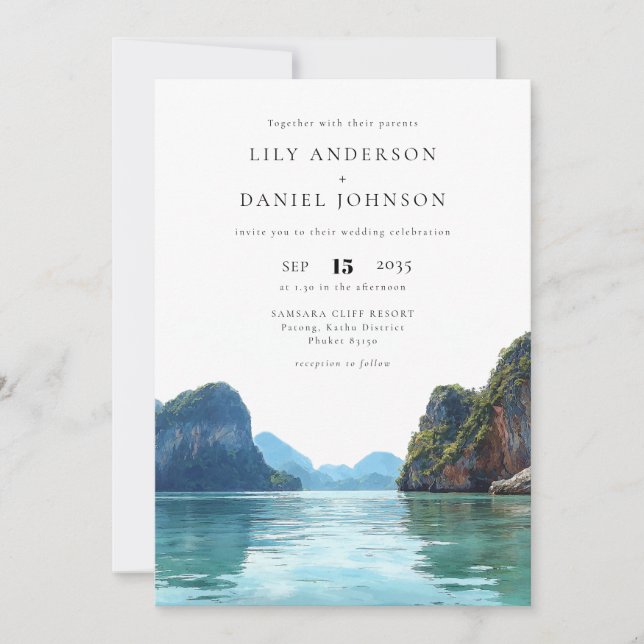 Convites Phuket Thailand Watercolor QR Code Wedding (Frente)