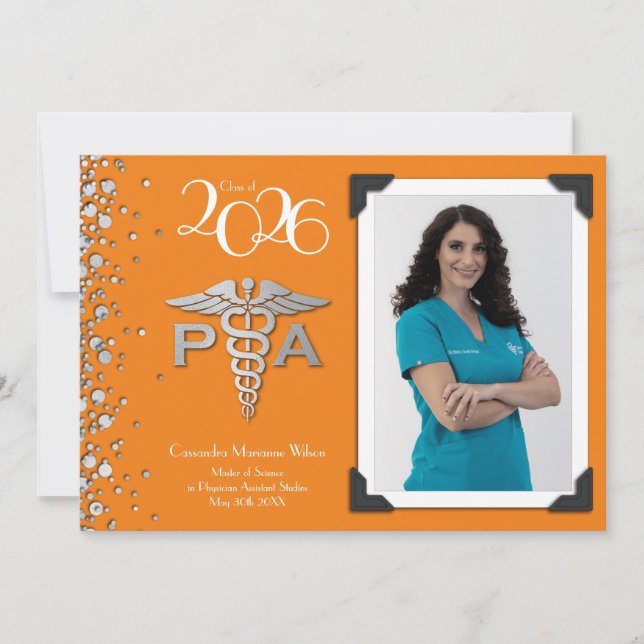 Convites Physician Assistant PA Graduation Orange Silver (Frente)