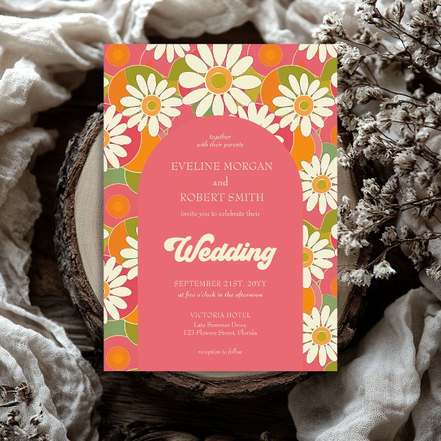 Convites Pia-cor-de-laranja-rosa e branca (Retro groovy orange pink and green flowers wedding invitation)