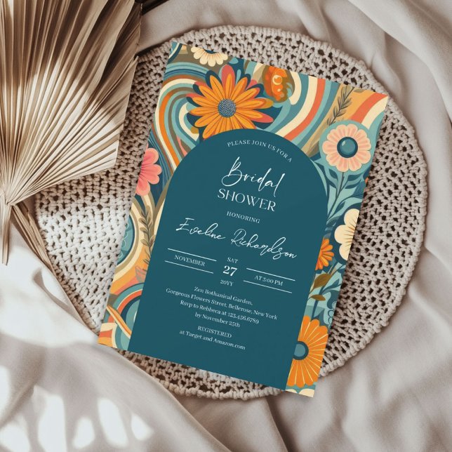 Convites Pia-rosa-laranja-alaranjada (Retro groovy turquoise boho arch orange pink invitation)
