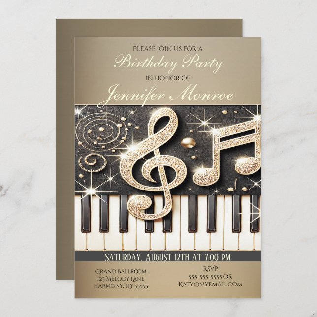 Convites Piano com festa de aniversário Dourada (Frente/Verso)