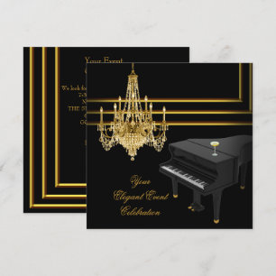 Convites Piano de festa elegante lustre dourado champanhe