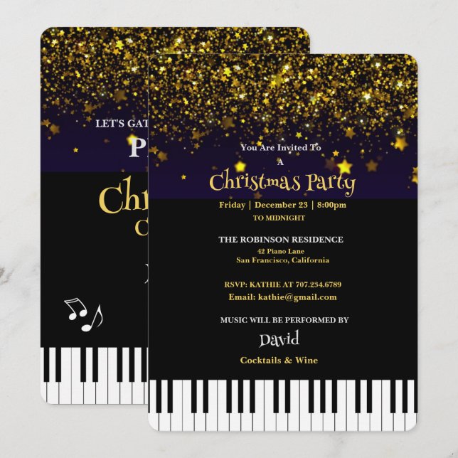 Convites Piano Keys e Dourada Festa de Natal Glitter (Frente/Verso)