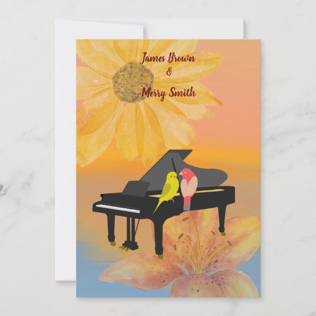 Convites Piano Parrots Dreamy Flower Sunset Wedset (Frente)