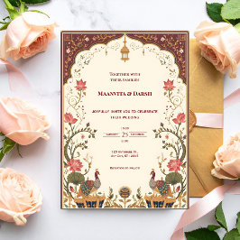 Convites Pichwai Indian Lotus Peacock Wedding Invitation