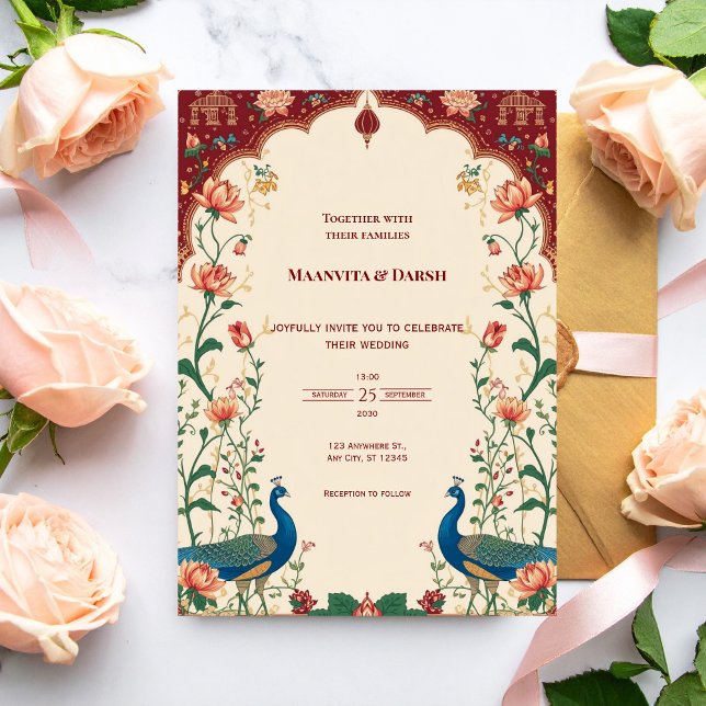 Convites Pichwai Indian Peacock Wedding Invitation (Criador carregado)