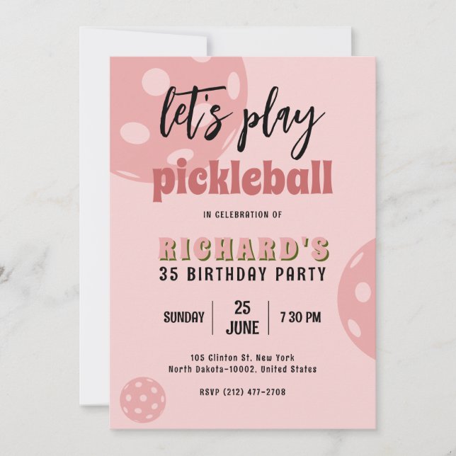 Convites Pickleball Birthday Pickleball Pink Sports Party (Frente)
