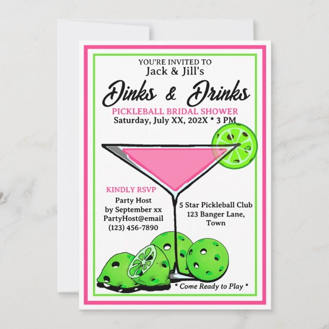 Convites Pickleball Bridal Shower Dinks & Drinks Pink Cosmo (Frente)