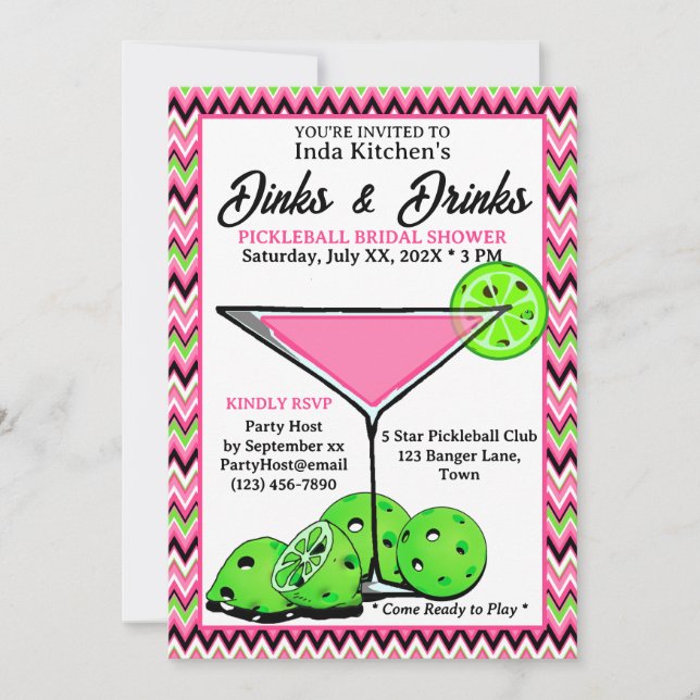 Convites Pickleball Shower Dinks & Drinks Pink Chevron (Frente)