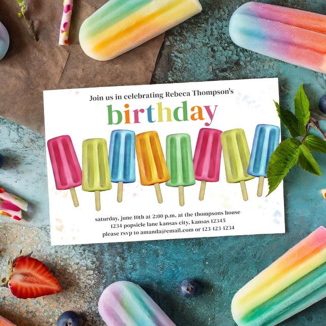 Convites Picles de Festa de aniversário de Verão (Birthday Popsicle invitation with colorful rainbow popsicles. )