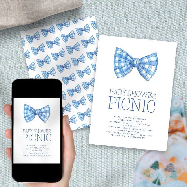 Convites Picnic Blue Gingham Bow Tie Baby Shower (Front and back view)