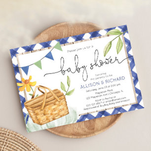 Convites Picnic chá de fraldas de gingham azul no parque