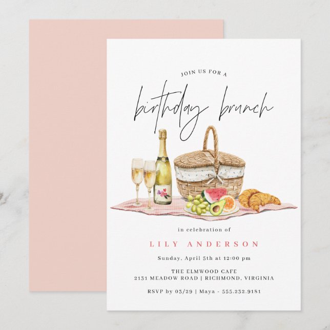 Convites Picnic de aquarela | Cute Casual Birthday Brunch (Frente/Verso)