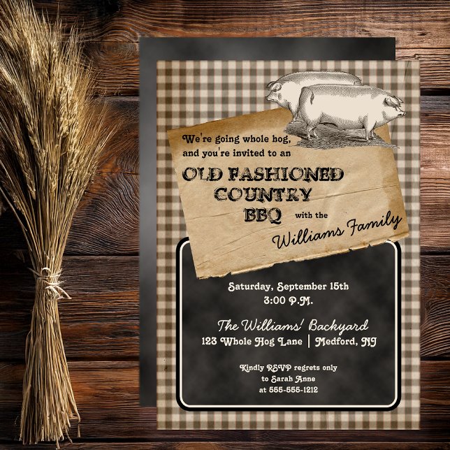 Convites Picnic de CHURRASCO de cozinha do quintal de porco (Rustic Pigs | Swine Pork Pig Roast Backyard Cookout BBQ Picnic Invitation - Print | Download)