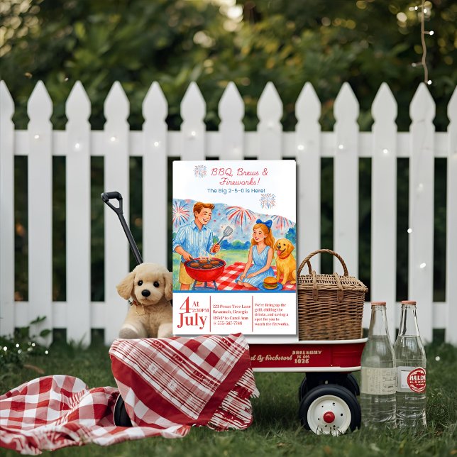 Convites Picnic do Retro CHURRASCO Brews Fireworks 4 de jul (Retro BBQ Brews Fireworks Picnic 4th of July 250th Invitation)