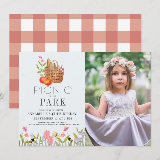 Convites Picnic no Park Basket Floral Birthday Photo (Frente/Verso)