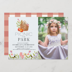 Convites Picnic no Park Basket Floral Birthday Photo