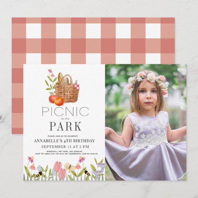 Convites Picnic no Park Basket Floral Birthday Photo In (Frente/Verso)