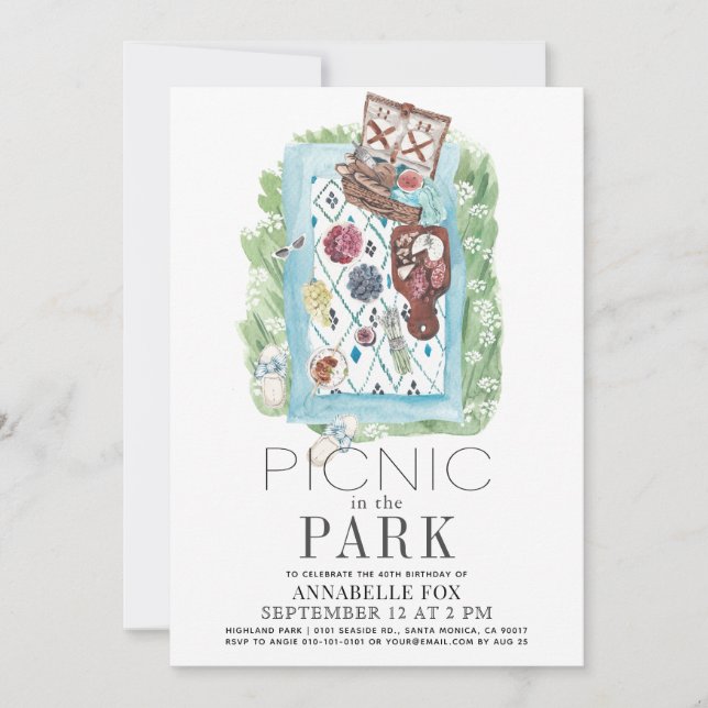 Convites Picnic no Park Watercolor Birthday (Frente)