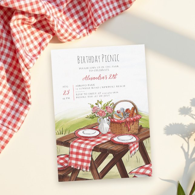 Convites Picnic Table Basket Summer Red 21st Birthday  (birthday picnic invitation personalized red gingham watercolor park backyard party lawn casual chic)