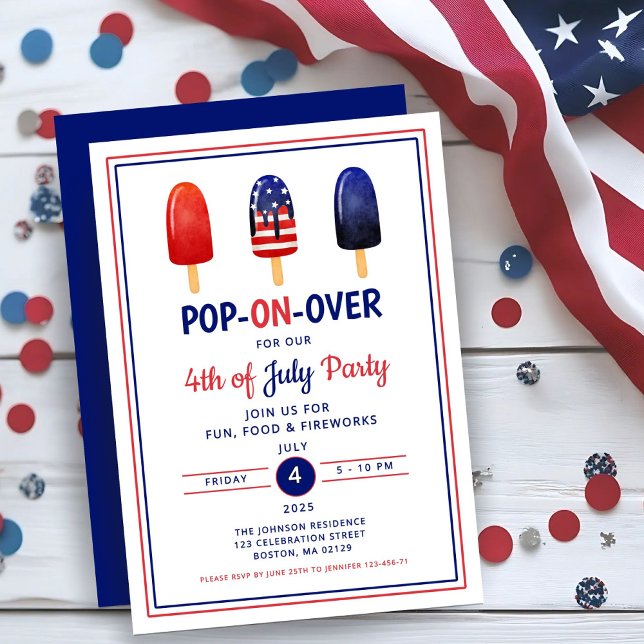 Convites Picolé Branco Vermelho E Azul 4 De Julho (Red White And Blue Popsicle 4th Of July Invitation ()