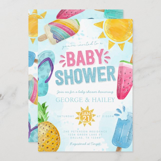 Convites Picolé de verão bonito pronto para Chá de fraldas  (Frente/Verso)