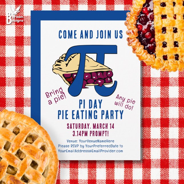 Convites Pie Eating PI DAY Party (Fun PI DAY party invitation featuring cherry pie and PI math symbol. Matching party supplies.)