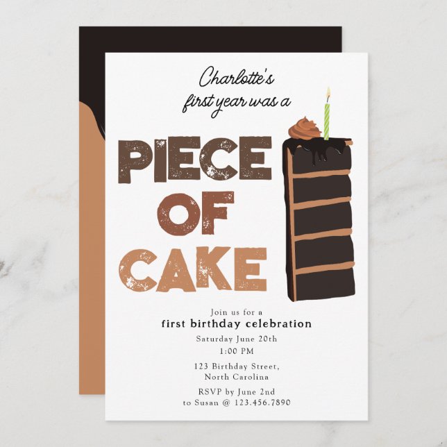 Convites Piece of Cake Invite 1st  First Birthday Cute (Frente/Verso)