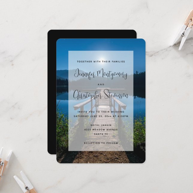 Convites Píer à noite sob um casamento de lua cheia (Frente/Verso In Situ)