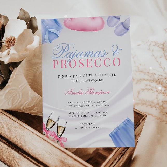 Convites Pijamas e Festa de solteira Prosecco (Pajamas and Prosecco Bachelorette Party, PJs and Prosecco Pajama Party Bachelorette Invitation)