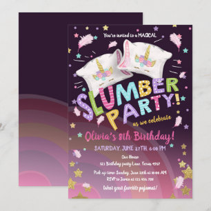 Convites Pijamas Sleepover Magical Unicórnio do Partido do