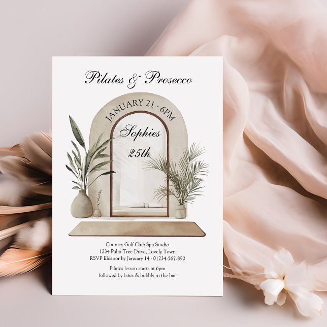 Convites Pilates e Prosecco Aniversário Temático de Bem-Est (Pilates & Prosecco Invitation - bubbly and wellness activity, perfect for birthday, bridal shower ..)