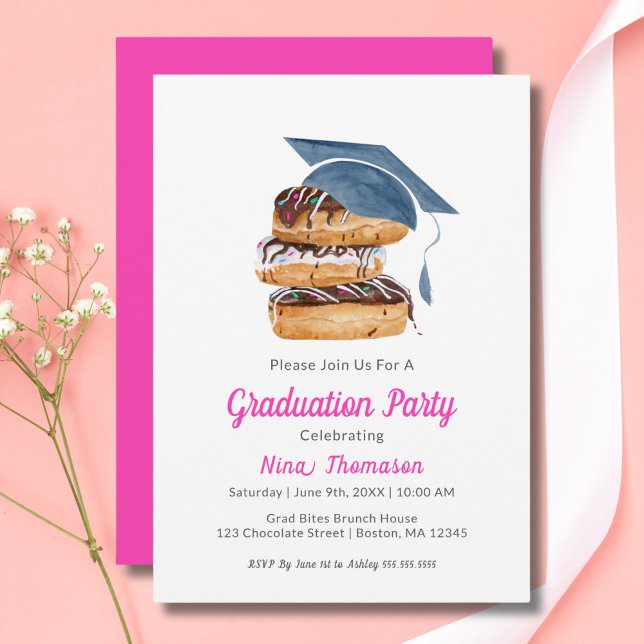 Convites Pilha de Donuts com Chapéu de Formatura em Aquarel (Criador carregado)