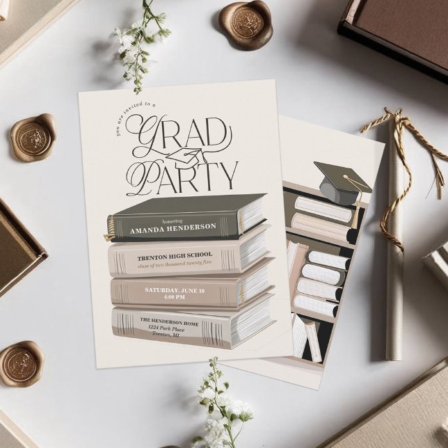 Convites Pilha de Livros Neutra e Suave Festa de Formatura (Elegant Book Stack Grad Party Invitation. Grad Party Invitation for English Major. )