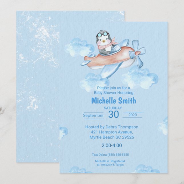 Convites Piloto de pinguim azul-aquarela-branca (Frente/Verso)