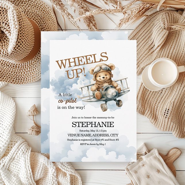 Convites Piloto do Urso de Teddy no Caminho (Teddy bear and airplane baby boy baby shower invitation)