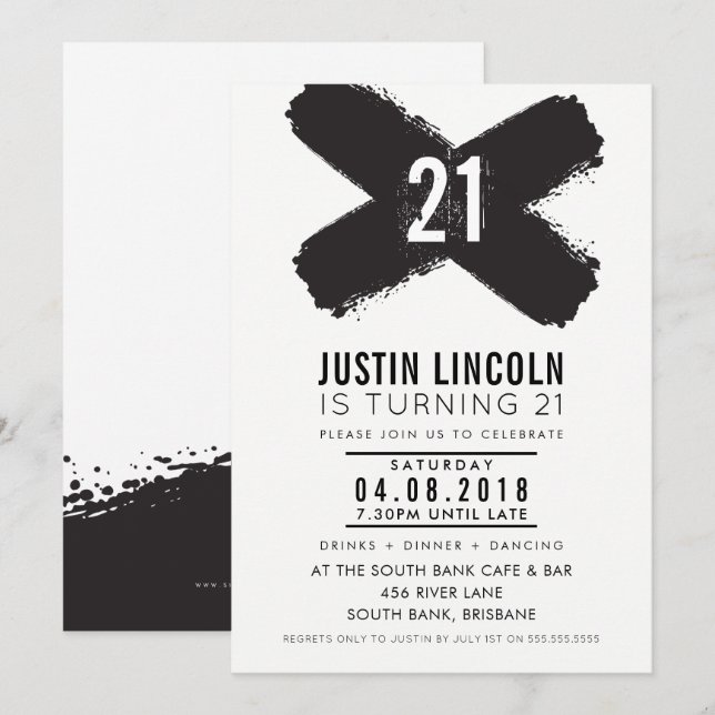 Convites Pincéis pretos do aniversário de 21 anos MODERN (Frente/Verso)