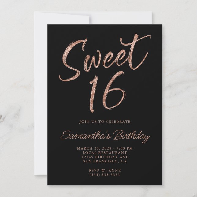 Convites Pincel de Glitter em Rose Gold Script Sweet 16 Pre (Frente)