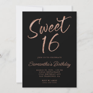 Convites Pincel de Glitter em Rose Gold Script Sweet 16 Pre