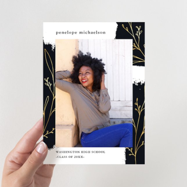 Convites Pincel Preto com Graduação Botânica Dourada Faux (Criador carregado)